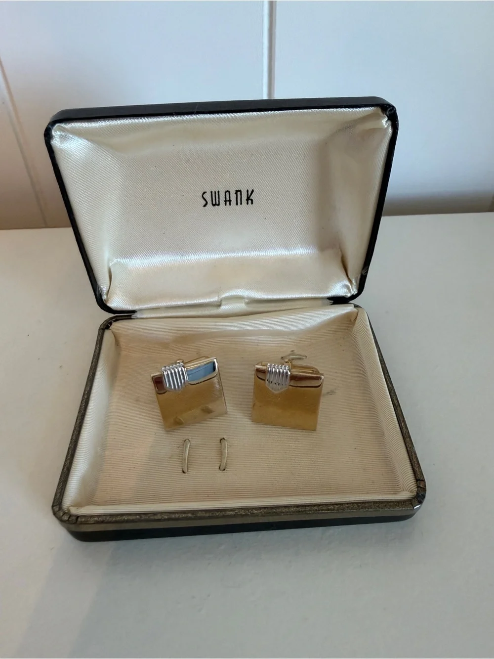 Vintage SWANK Gold Tone Square Cufflinks MCM Silver Ribbed Two-Tone